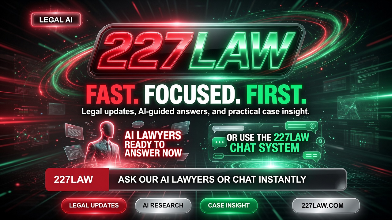 227LAW.com service card showing AI driven legal problem solving, legal news and answer messaging