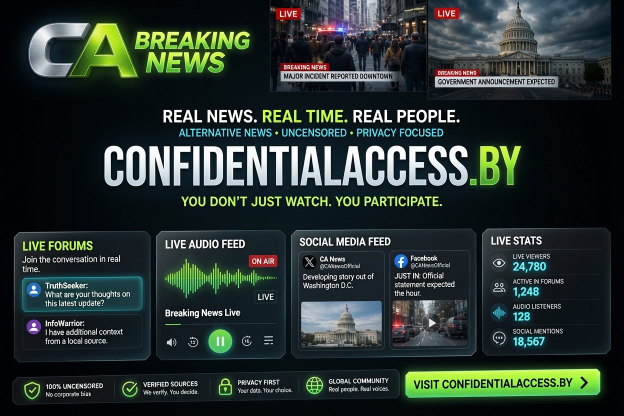 ConfidentialAccess.by service card showing CA Breaking News, media uncensored, alternative news, live forums, audio feeds, social feeds and privacy-focused community reporting