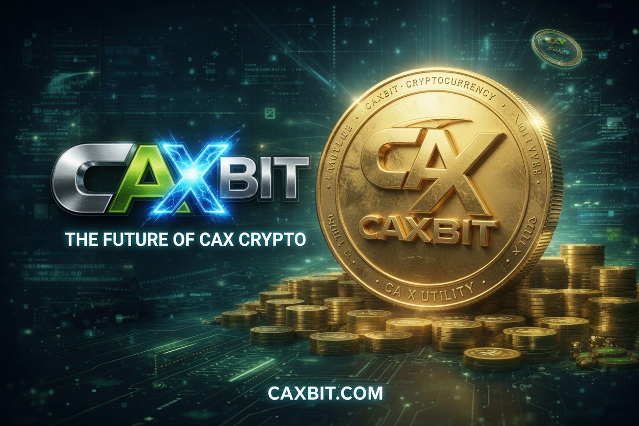 CAXBIT.com service card showing CAX crypto, finance, market data and cryptocurrency utility theme
