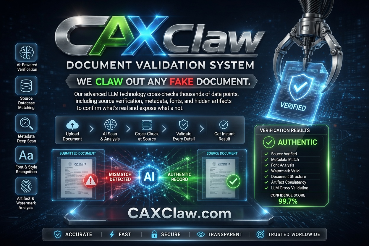CAXCLAW.com service card showing AI-powered document validation, fake document detection, source verification and verification results