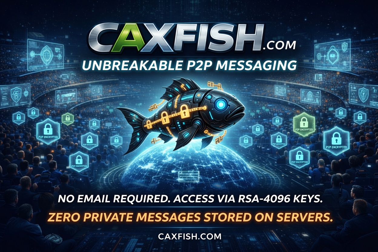 CAXFISH.com service card showing private peer-to-peer messaging with no servers, no storage and no trace