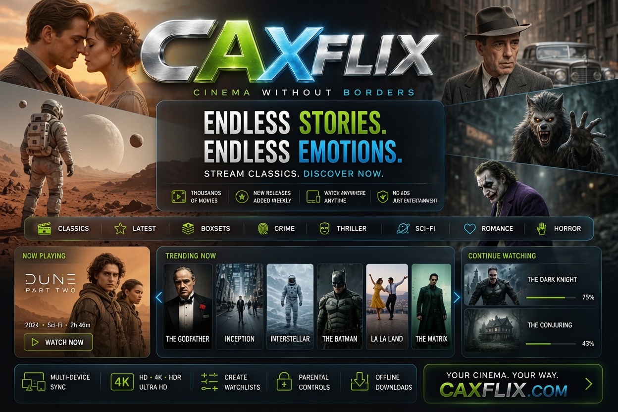 CAXFLIX.com service card showing the CAXFLIX entertainment and streaming media platform