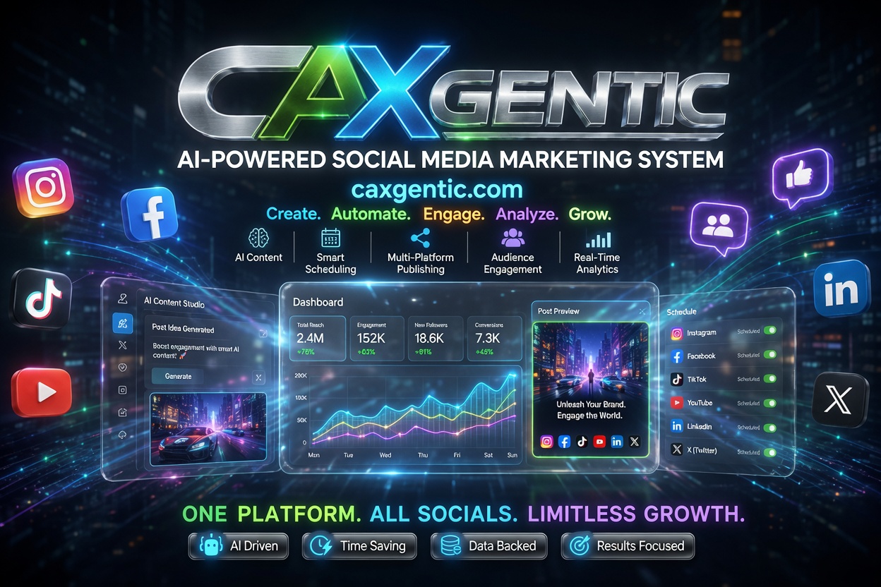 CAXGENTIC.com service card showing an AI-powered social media marketing system for content creation, automation, publishing, engagement and analytics