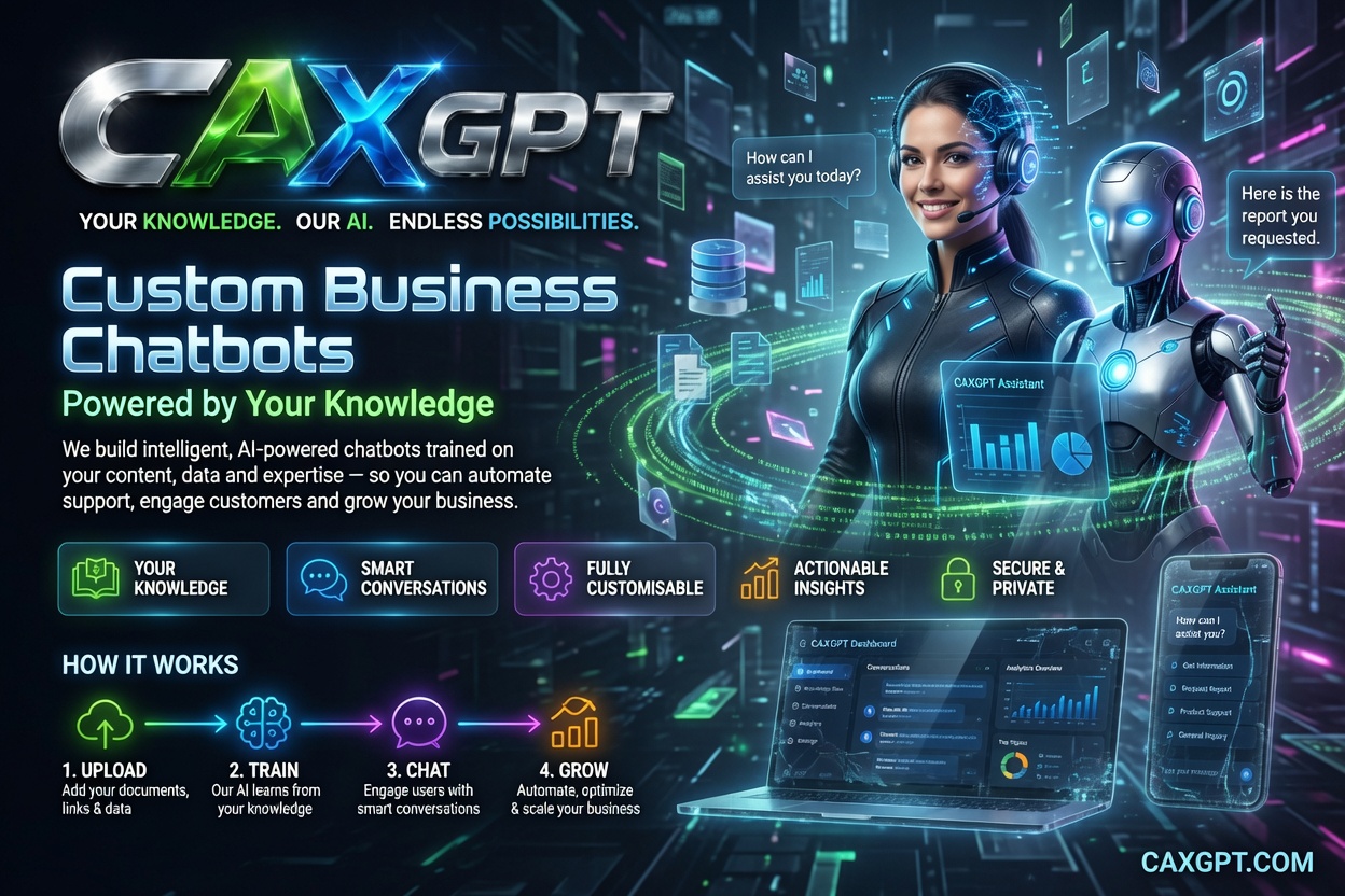 CAXGPT.com service card showing custom business chatbots powered by knowledge, documents, websites, PDFs and private data