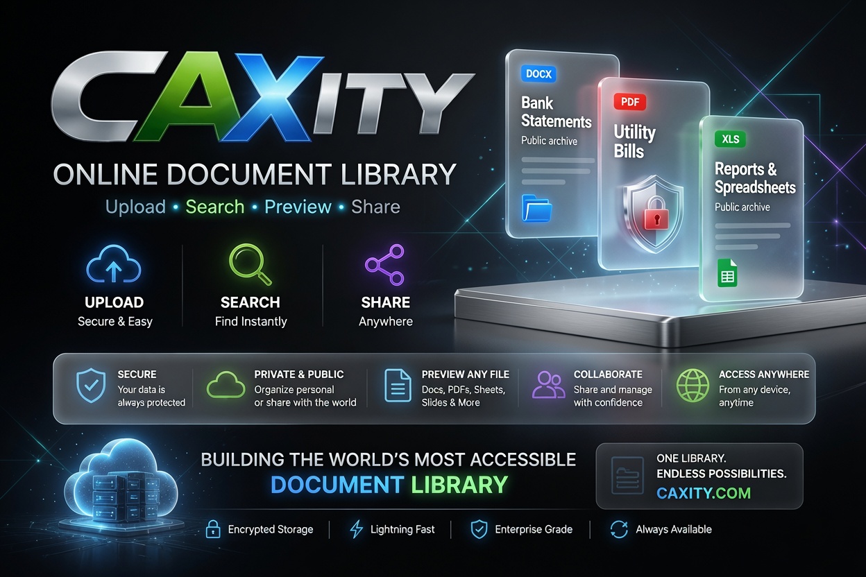 CAXITY.com service card showing online document library, secure upload, search, preview, sharing and document access features
