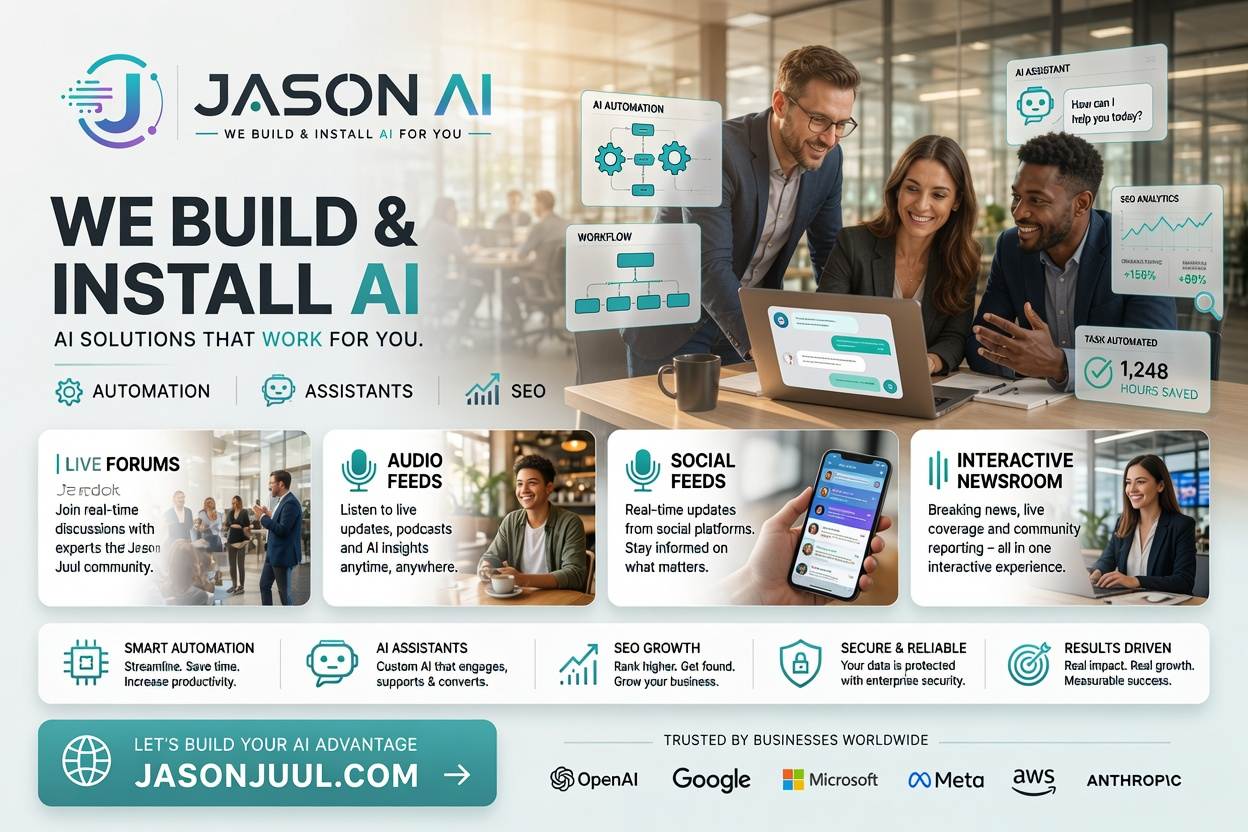 JasonJuul.com service card showing the Jason AI brand with automation, AI assistants, SEO and digital project delivery services
