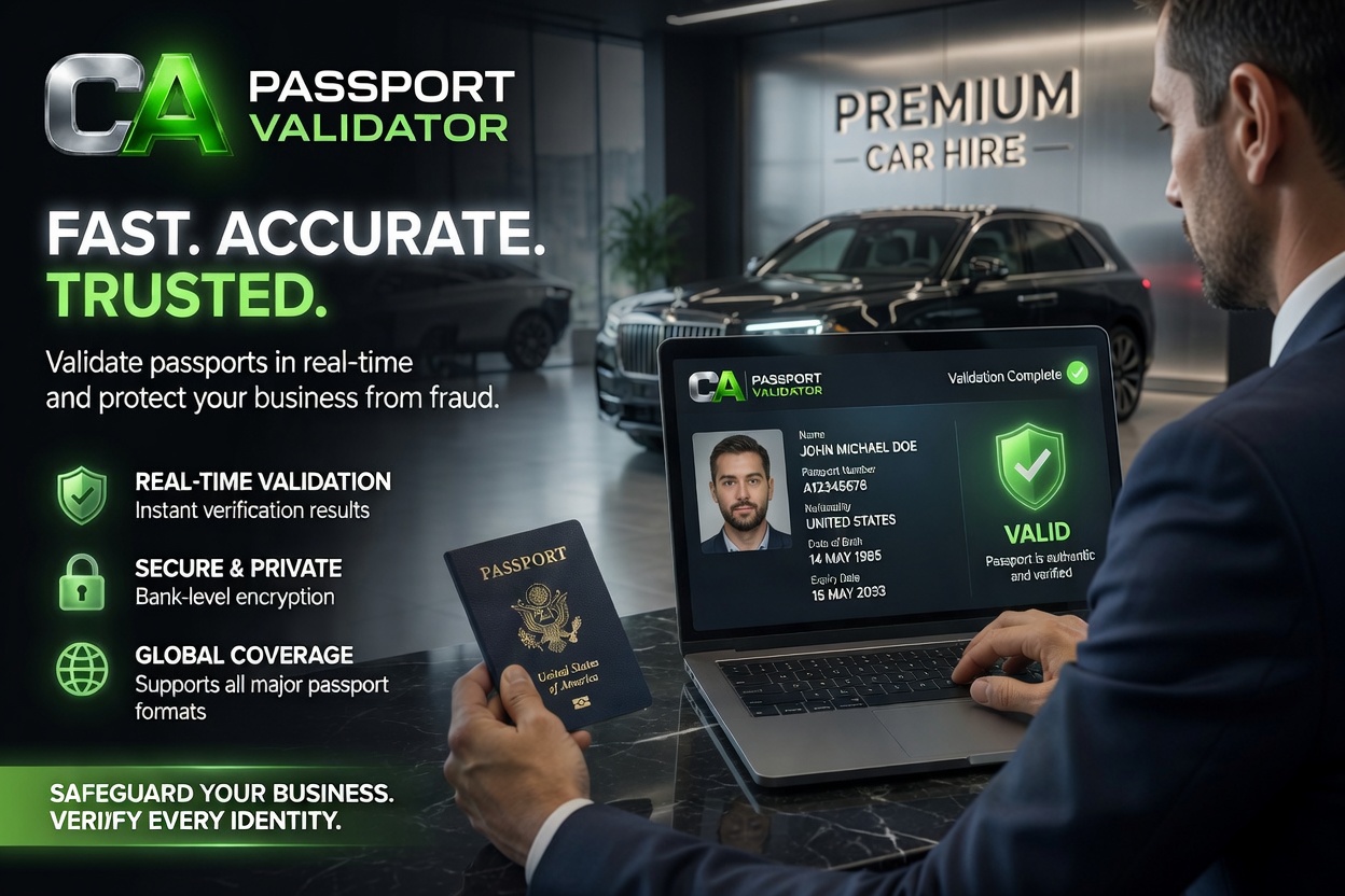 Passport Validator service card showing CA passport verification, real-time validation, secure private identity checking and fraud protection